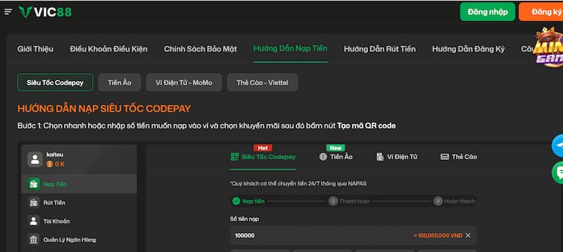 Điều khoản sử dụng 3 Nạp rút tiền tại Vic88