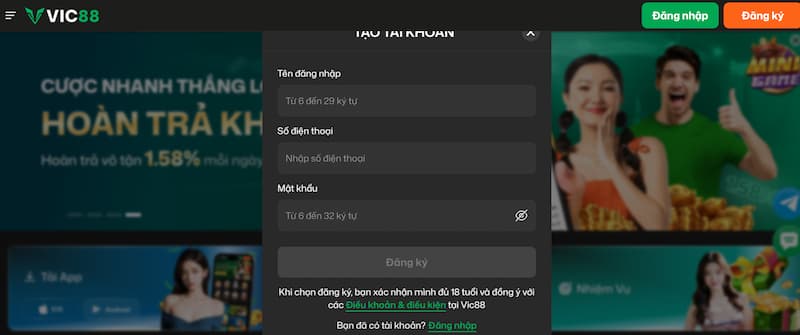 Đăng ký 2 Thông tin mở tài khoản Vic88