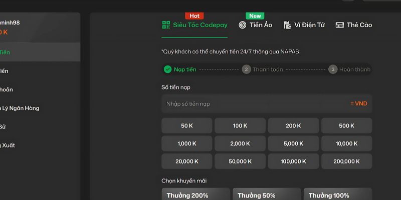 Hướng dẫn cách cá cược bóng đá trên Vic88 cho người chơi mới 2 Người chơi cần nạp tiền vào ví game Vic88